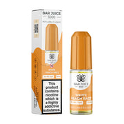 The image shows a product packaging for Bar Juice 5000 White Peach Razz Vape juice. The packaging is primarily orange and white with text and branding, including a schematic of a vaping device.